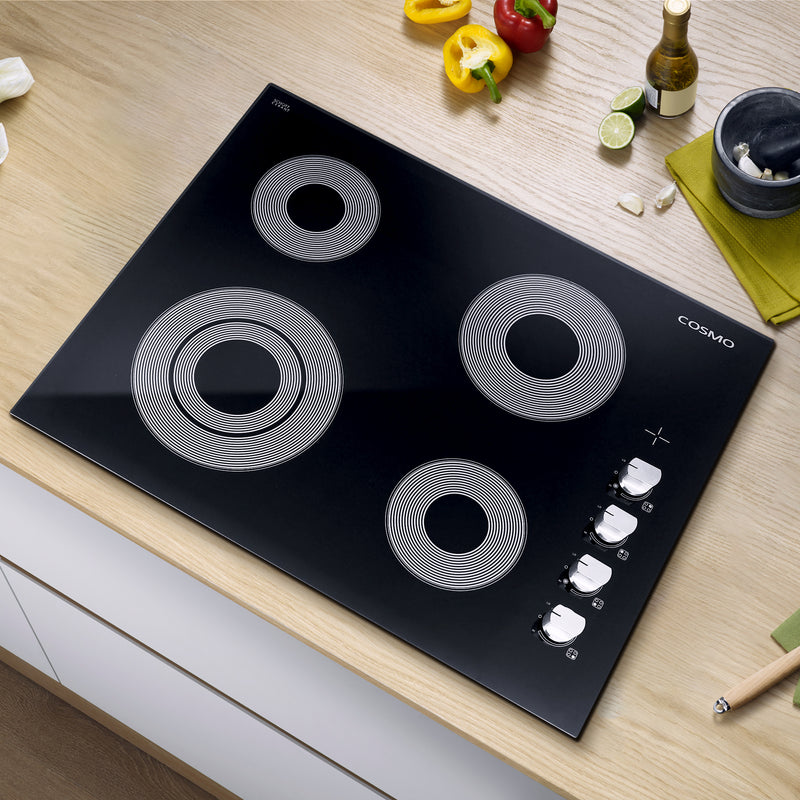 Load image into Gallery viewer, Cosmo 24 in. Electric Ceramic Glass Cooktop with 4 Elements, Dual Zone Element, Hot Surface Indicator Light and Control Knobs