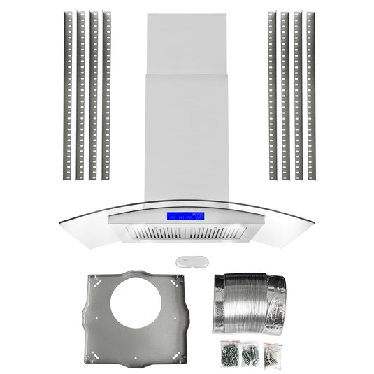 Cosmo 668ICS900 36 in. Island Range Hood with 380 CFM, 3 Speeds, Ducted, Permanent Filters, Soft Touch Controls, LED Lights, Curved Glass Hood in Stainless Steel