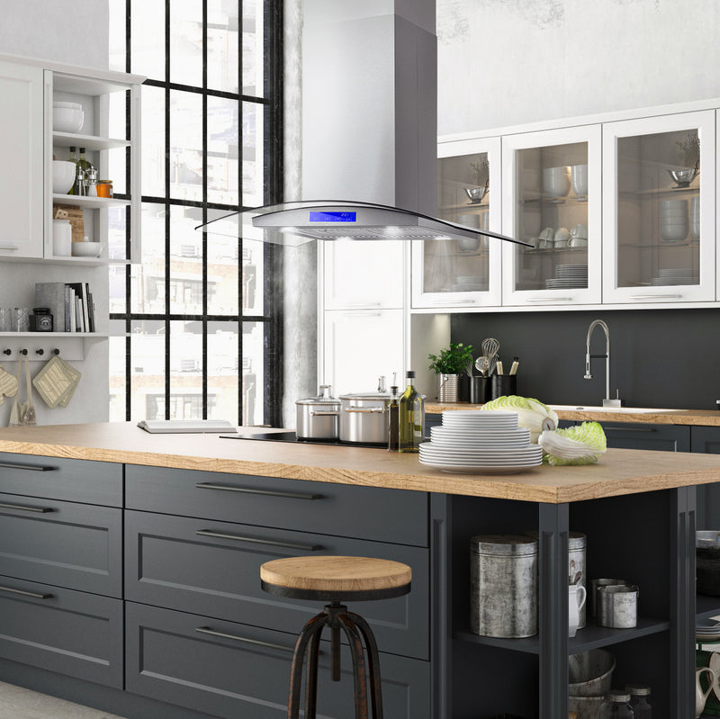Load image into Gallery viewer, Cosmo 668ICS900 36 in. Island Range Hood with 380 CFM, 3 Speeds, Ducted, Permanent Filters, Soft Touch Controls, LED Lights, Curved Glass Hood in Stainless Steel