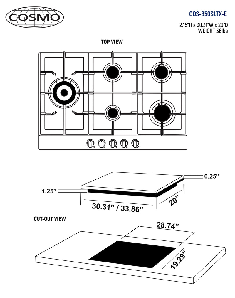 Load image into Gallery viewer, Cosmo 30 in. Gas Cooktop in Stainless Steel with 5 Sealed Brass Burners
