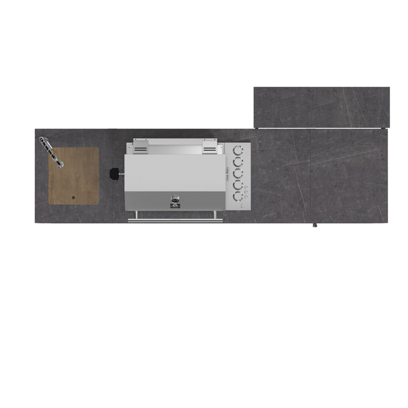 Load image into Gallery viewer, Forno Rimini Outdoor Kitchen 30" BBQ 62,600 BTU, 3 Burners with Sear & Rotisserie, 2.4 cu.ft. Beverage Center, Stainless Steel Sink, Black Cabinets & Gray Sintered Stone Countertop