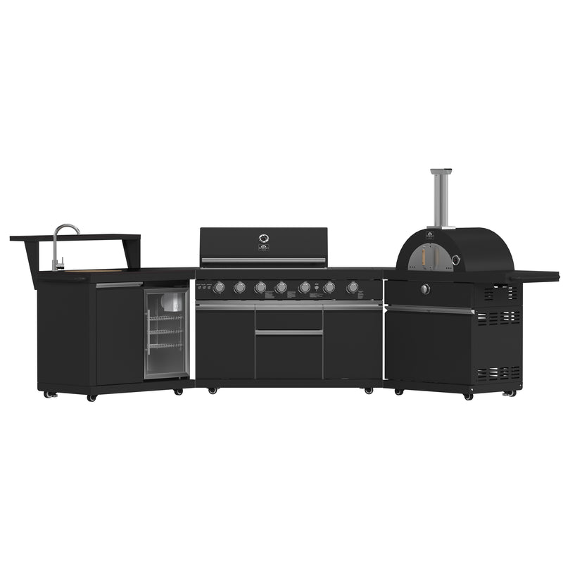 Load image into Gallery viewer, Forno All’Aperto 87,600 BTU Outdoor Kitchen, 4 Burners, Infrared Burners, Side Burner, Black Sintered Stone Countertops, Gas Pizza Oven, Sink Module, Bar & Beverage Center