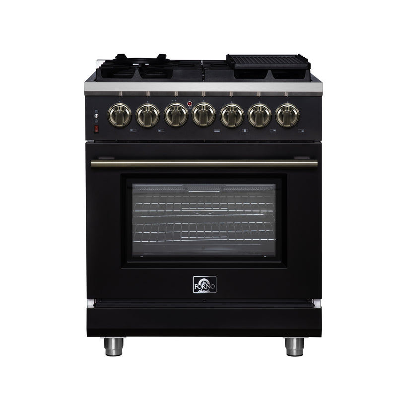 Load image into Gallery viewer, Forno Massimo 30-Inch Freestanding Dual Fuel Range in Black with Antique Brass Accessories, 4 Burners, 4.32 cu. ft. Convection Oven