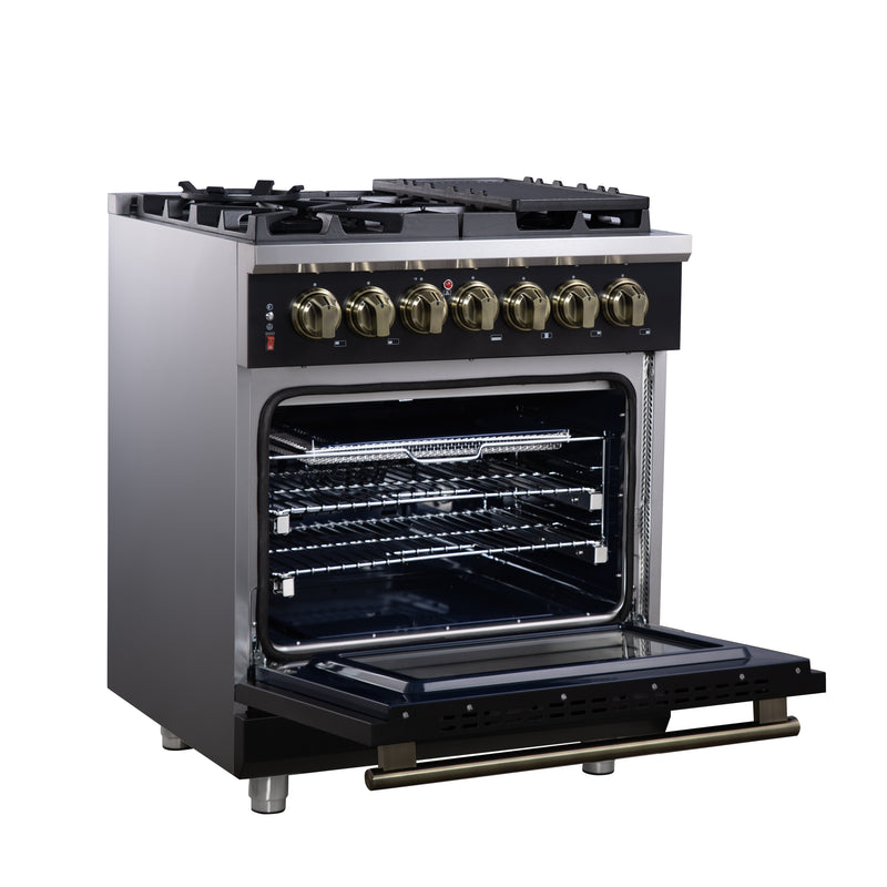 Load image into Gallery viewer, Forno Massimo 30-Inch Freestanding Dual Fuel Range in Black with Antique Brass Accessories, 4 Burners, 4.32 cu. ft. Convection Oven