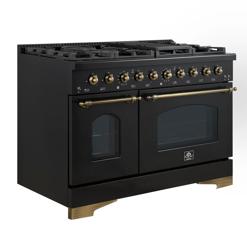 Load image into Gallery viewer, Forno Antico 48-Inch Dual Fuel Range, Black with Antique Brass Finish, 8 Burners, 94,000 BTU, 5.5 cu.ft. Double Ovens & Griddle