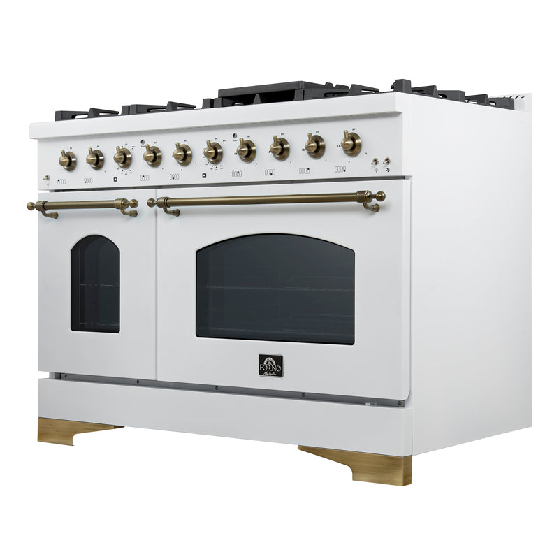 Load image into Gallery viewer, Forno Antico 48-Inch Dual Fuel Range, White with Antique Brass Finish, 8 Burners, 94,000 BTU, 5.5 cu.ft. Double Ovens & Griddle