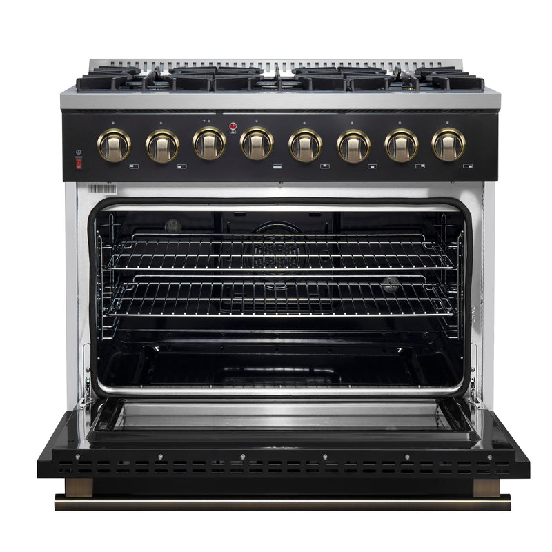 Load image into Gallery viewer, Forno Galiano 36-inch Dual Fuel Range in Black & Antique Brass Design, 6 Sealed Burners 83,000 BTU, 5.36 cu.ft. True Convection Oven