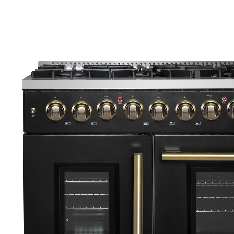 Load image into Gallery viewer, Forno Galiano 48-inch French Door Dual Fuel Range, Black & Antique Brass Design, 8 Sealed Burners - 107,000 BTU, Griddle, 6.58 cu.ft. Double Ovens