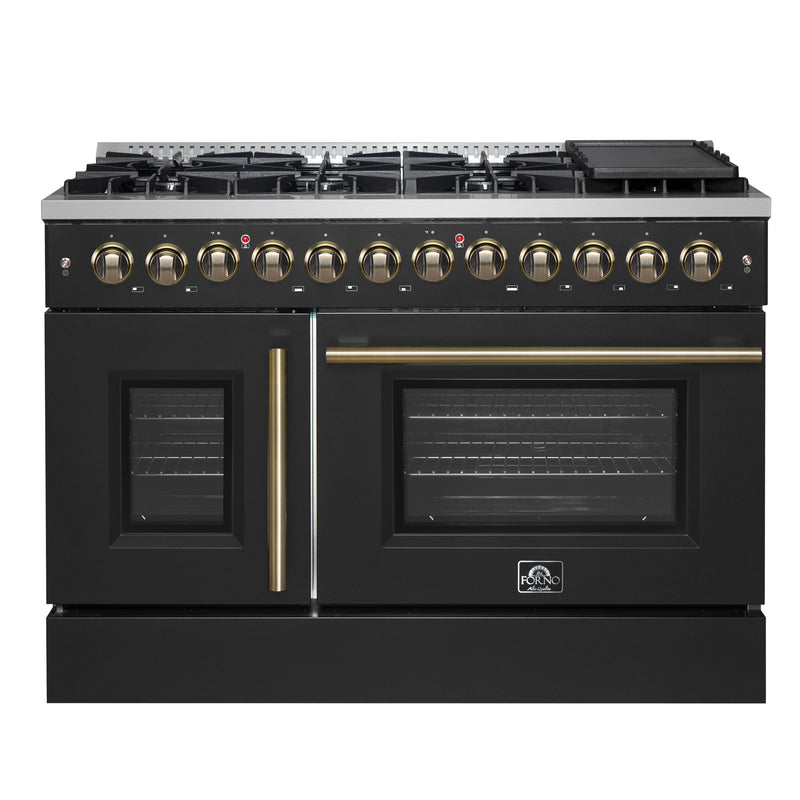 Load image into Gallery viewer, Forno Galiano 48-inch French Door Dual Fuel Range, Black & Antique Brass Design, 8 Sealed Burners - 107,000 BTU, Griddle, 6.58 cu.ft. Double Ovens