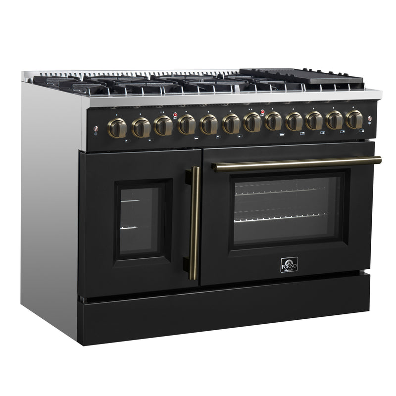 Load image into Gallery viewer, Forno Galiano 48-inch French Door Dual Fuel Range, Black & Antique Brass Design, 8 Sealed Burners - 107,000 BTU, Griddle, 6.58 cu.ft. Double Ovens