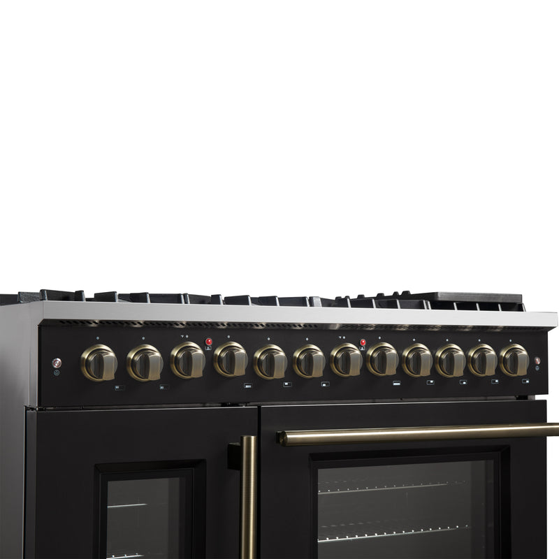 Load image into Gallery viewer, Forno Galiano 48-inch French Door Dual Fuel Range, Black & Antique Brass Design, 8 Sealed Burners - 107,000 BTU, Griddle, 6.58 cu.ft. Double Ovens