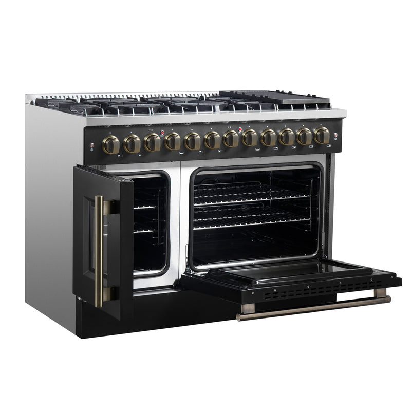 Load image into Gallery viewer, Forno Galiano 48-inch French Door Dual Fuel Range, Black & Antique Brass Design, 8 Sealed Burners - 107,000 BTU, Griddle, 6.58 cu.ft. Double Ovens