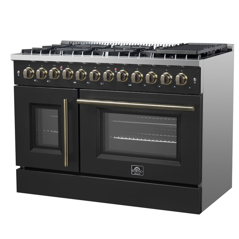 Load image into Gallery viewer, Forno Galiano 48-inch French Door Dual Fuel Range, Black & Antique Brass Design, 8 Sealed Burners - 107,000 BTU, Griddle, 6.58 cu.ft. Double Ovens