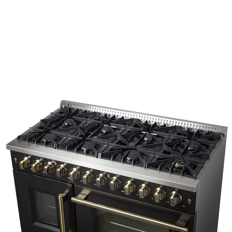 Load image into Gallery viewer, Forno Galiano 48-inch French Door Dual Fuel Range, Black & Antique Brass Design, 8 Sealed Burners - 107,000 BTU, Griddle, 6.58 cu.ft. Double Ovens