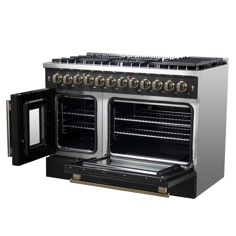 Load image into Gallery viewer, Forno Galiano 48-inch French Door Dual Fuel Range, Black & Antique Brass Design, 8 Sealed Burners - 107,000 BTU, Griddle, 6.58 cu.ft. Double Ovens