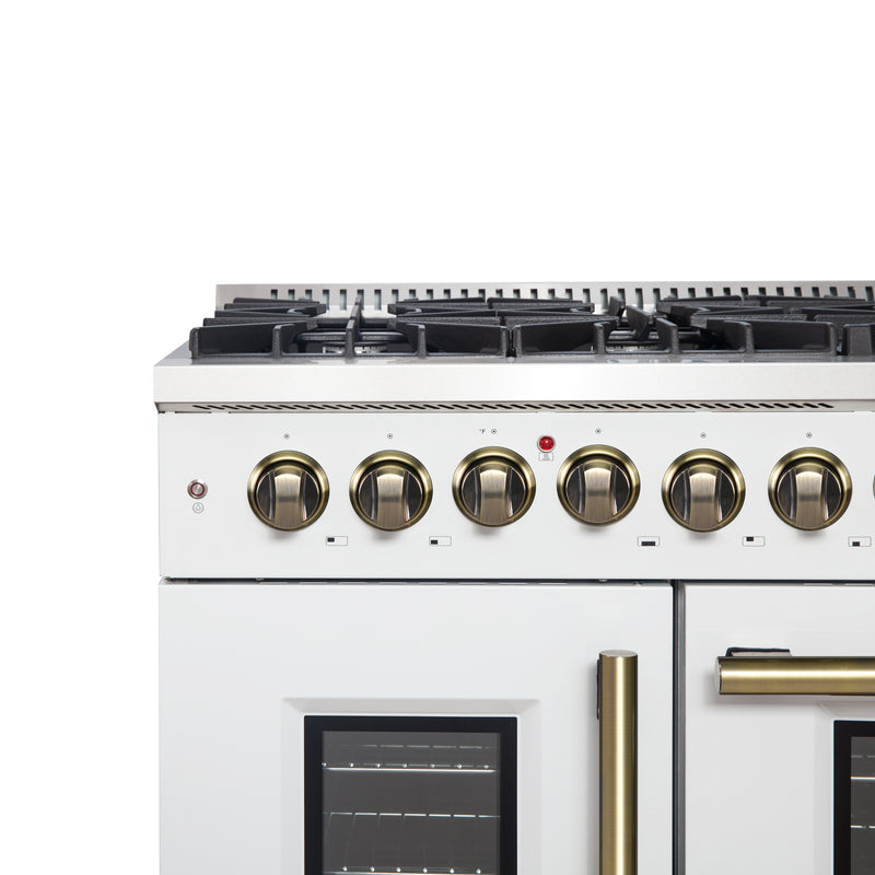 Load image into Gallery viewer, Forno Galiano 48-inch French Door Dual Fuel Range, White & Antique Brass Design, 8 Sealed Burners - 107,000 BTU, Griddle, 6.58 cu.ft. Double Ovens