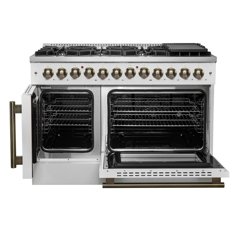 Load image into Gallery viewer, Forno Galiano 48-inch French Door Dual Fuel Range, White & Antique Brass Design, 8 Sealed Burners - 107,000 BTU, Griddle, 6.58 cu.ft. Double Ovens