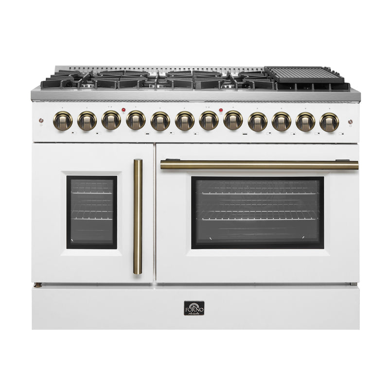 Load image into Gallery viewer, Forno Galiano 48-inch French Door Dual Fuel Range, White & Antique Brass Design, 8 Sealed Burners - 107,000 BTU, Griddle, 6.58 cu.ft. Double Ovens
