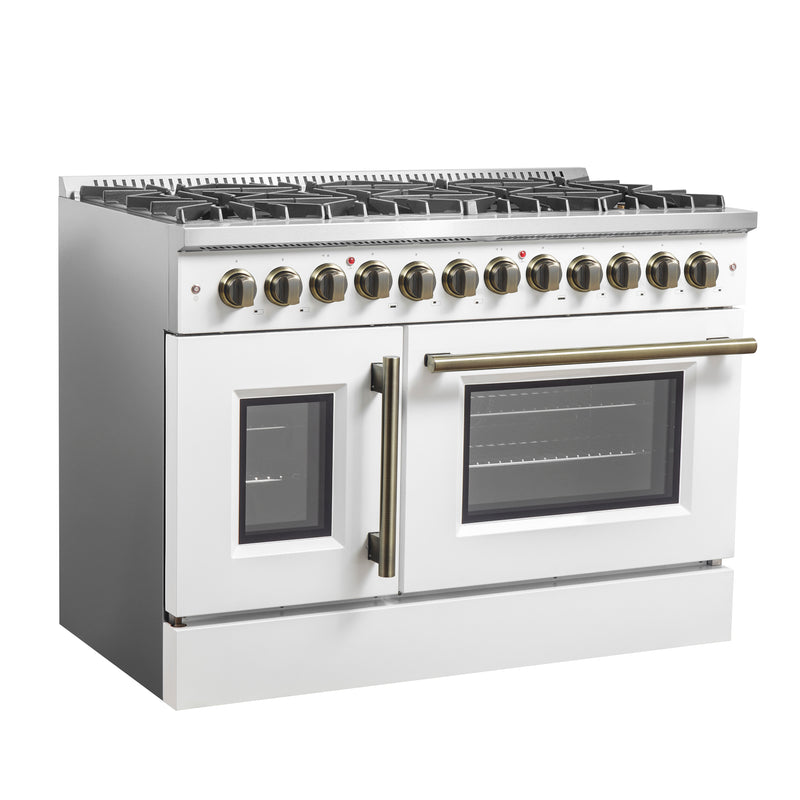 Load image into Gallery viewer, Forno Galiano 48-inch French Door Dual Fuel Range, White & Antique Brass Design, 8 Sealed Burners - 107,000 BTU, Griddle, 6.58 cu.ft. Double Ovens