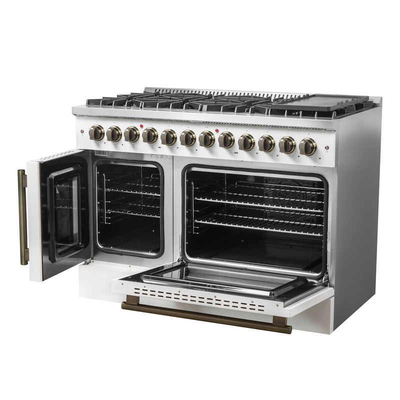 Load image into Gallery viewer, Forno Galiano 48-inch French Door Dual Fuel Range, White & Antique Brass Design, 8 Sealed Burners - 107,000 BTU, Griddle, 6.58 cu.ft. Double Ovens