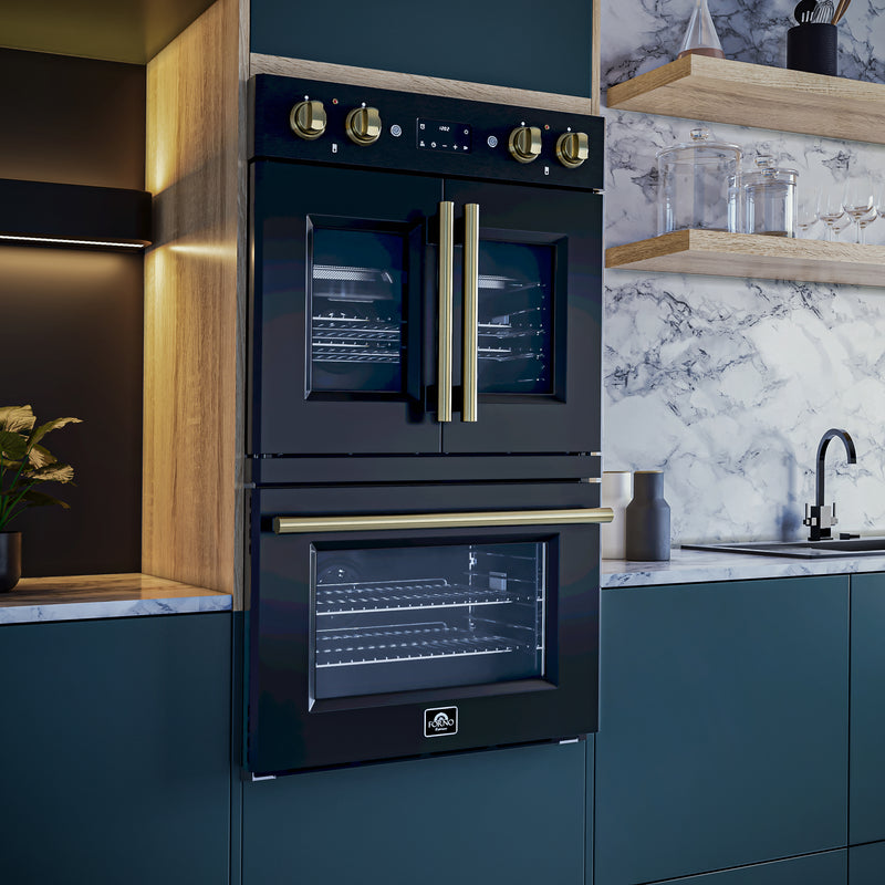 Load image into Gallery viewer, Forno Asti 30-Inch Double Electric Wall Oven with Upper French Doors in Black & Antique Brass, 7.36 cu. ft. Dual True Convection, 7,200W, Air Fry, Sous Vide, Self-Clean