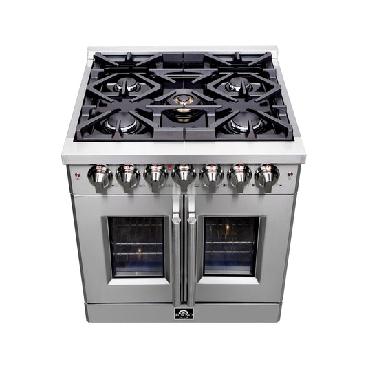 Forno Massimo 30-Inch Freestanding French Door Dual Fuel Range, 4 Burners, True Convection Oven