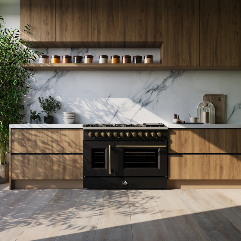 Load image into Gallery viewer, Forno Galiano 48-inch French Door Dual Fuel Range, Black & Antique Brass Design, 8 Sealed Burners - 107,000 BTU, Griddle, 6.58 cu.ft. Double Ovens