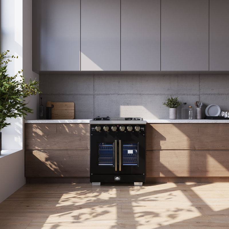 Load image into Gallery viewer, Forno Capriasca 30-Inch, Black Freestanding French Door Gas Range with 4 Burners - FFSGS6460-30BLK