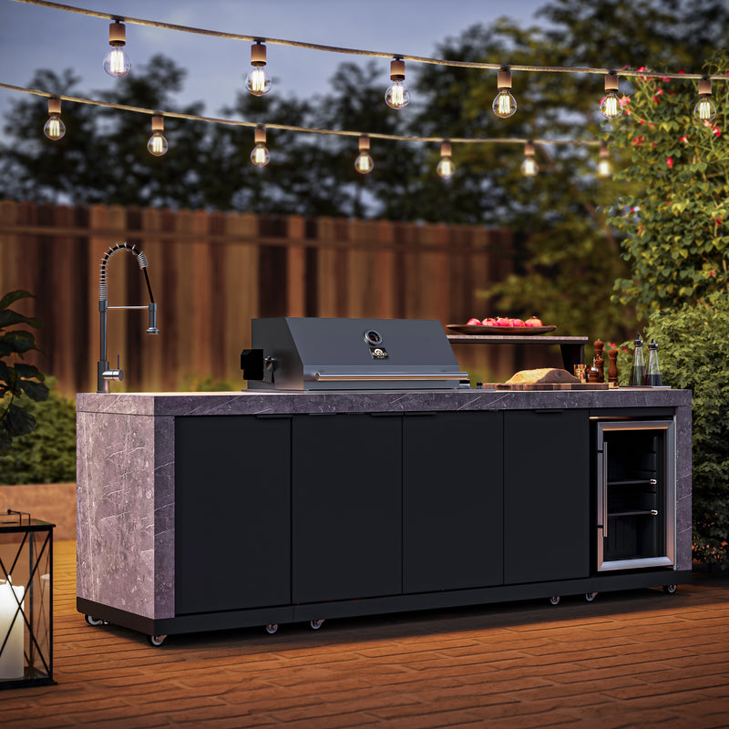 Load image into Gallery viewer, Forno Rimini Outdoor Kitchen 30" BBQ 62,600 BTU, 3 Burners with Sear & Rotisserie, 2.4 cu.ft. Beverage Center, Stainless Steel Sink, Black Cabinets & Gray Sintered Stone Countertop