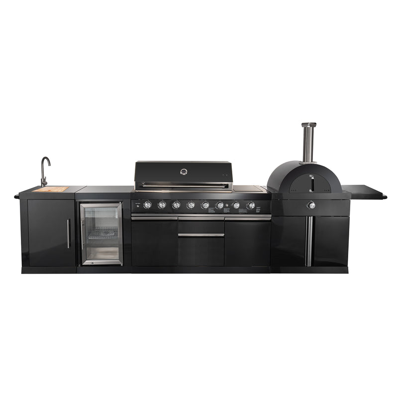 Load image into Gallery viewer, Forno All’Aperto 87,600 BTU Outdoor Kitchen, 4 Burners, Infrared Burners, Side Burner, Black Sintered Stone Countertops, Gas Pizza Oven, Sink Module, Bar & Beverage Center