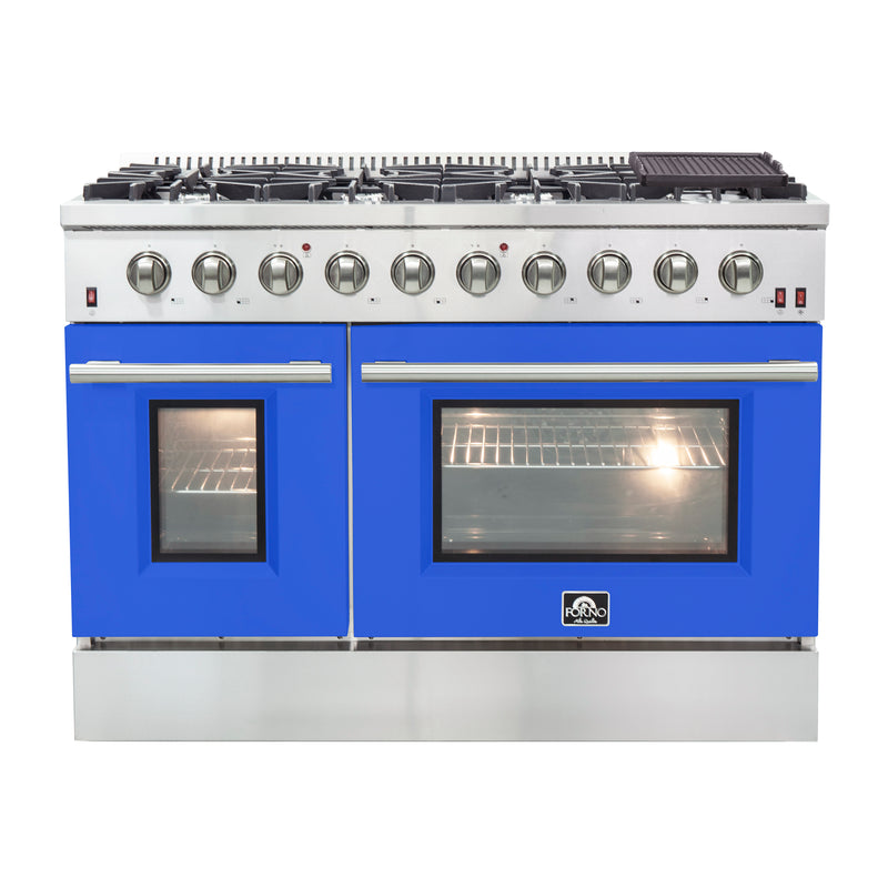 Load image into Gallery viewer, Forno Galiano 48-Inch Freestanding Gas Range, Stainless Steel, 8 Burners, 107,000 BTU, Griddle, Double Ovens, Energy Efficient, Blue Doors