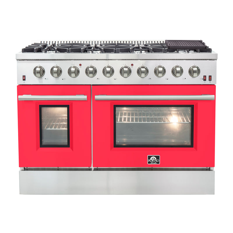 Load image into Gallery viewer, Forno Galiano 48-Inch Freestanding Gas Range, Stainless Steel, 8 Burners, 107,000 BTU, Griddle, Double Ovens, Energy Efficient, Red Doors