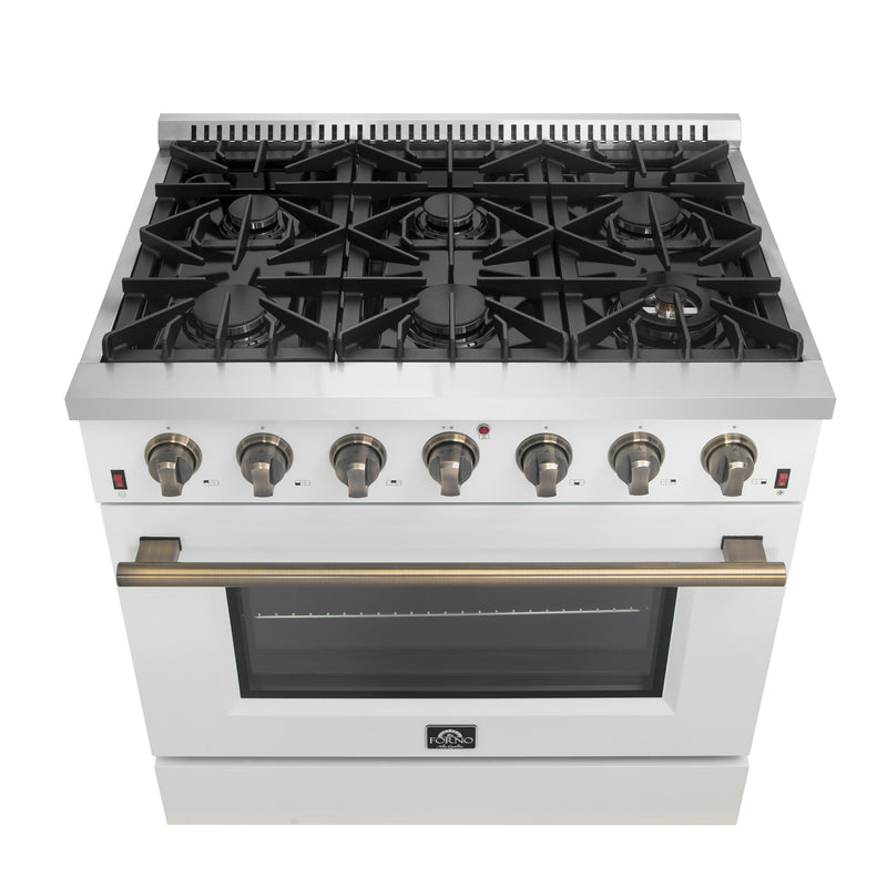 Load image into Gallery viewer, Forno Galiano 36-inch Freestanding Gas Range in White with Antique Brass Design, 6 Burners, 83,000 BTU, 5.36 cu.ft. Convection Oven