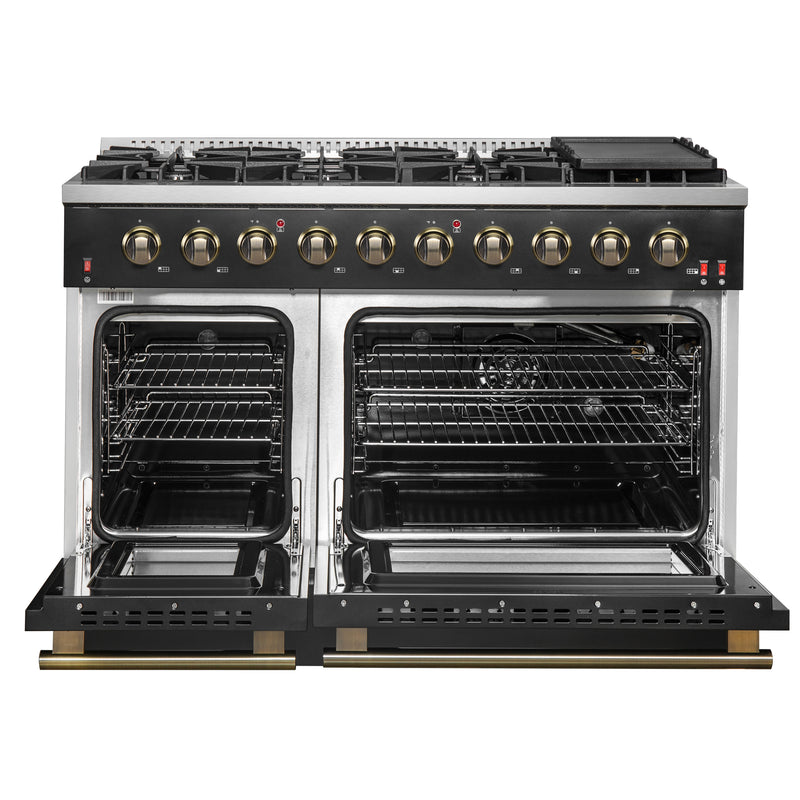 Load image into Gallery viewer, FORNO Galiano 48-inch Gas Range Black & Antique Brass Design, 8 Burners, 107,000 BTU, Griddle, 6.58 cu.ft. Double Ovens