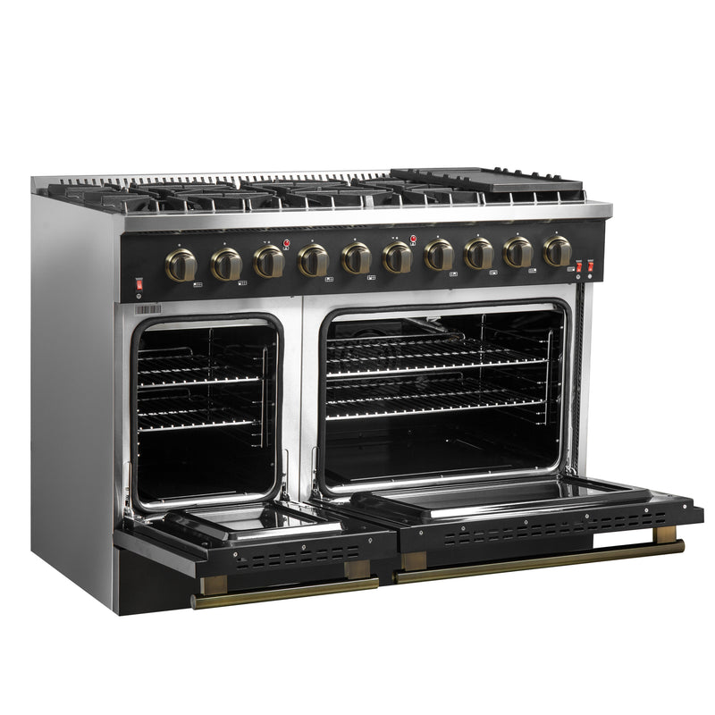 Load image into Gallery viewer, FORNO Galiano 48-inch Gas Range Black & Antique Brass Design, 8 Burners, 107,000 BTU, Griddle, 6.58 cu.ft. Double Ovens