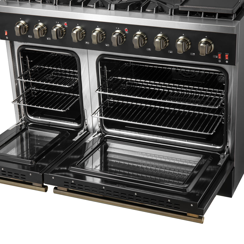 Load image into Gallery viewer, FORNO Galiano 48-inch Gas Range Black & Antique Brass Design, 8 Burners, 107,000 BTU, Griddle, 6.58 cu.ft. Double Ovens