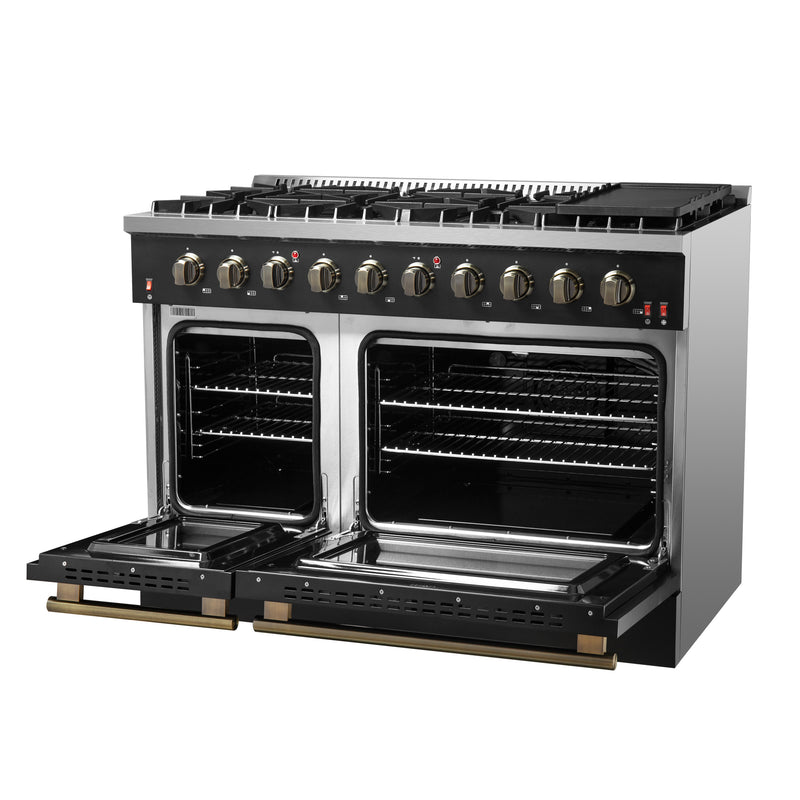 Load image into Gallery viewer, FORNO Galiano 48-inch Gas Range Black & Antique Brass Design, 8 Burners, 107,000 BTU, Griddle, 6.58 cu.ft. Double Ovens