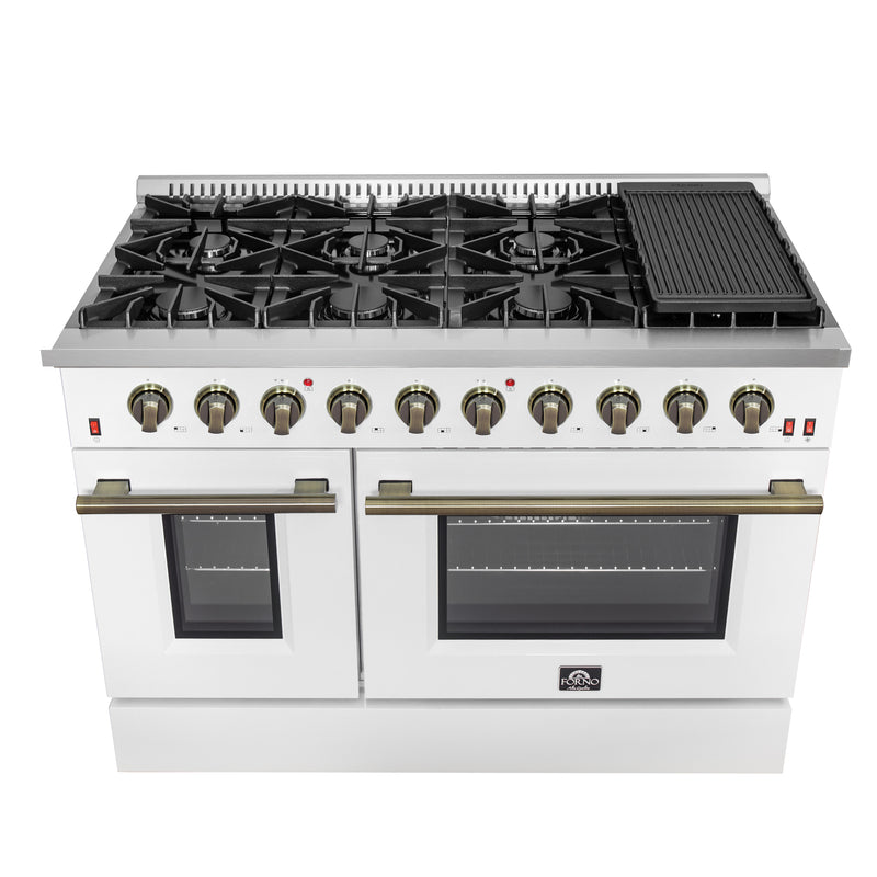 Load image into Gallery viewer, FORNO Galiano 48-inch Gas Range White & Antique Brass Design, 8 Burners, 107,000 BTU, Griddle, 6.58 cu.ft. Double Ovens