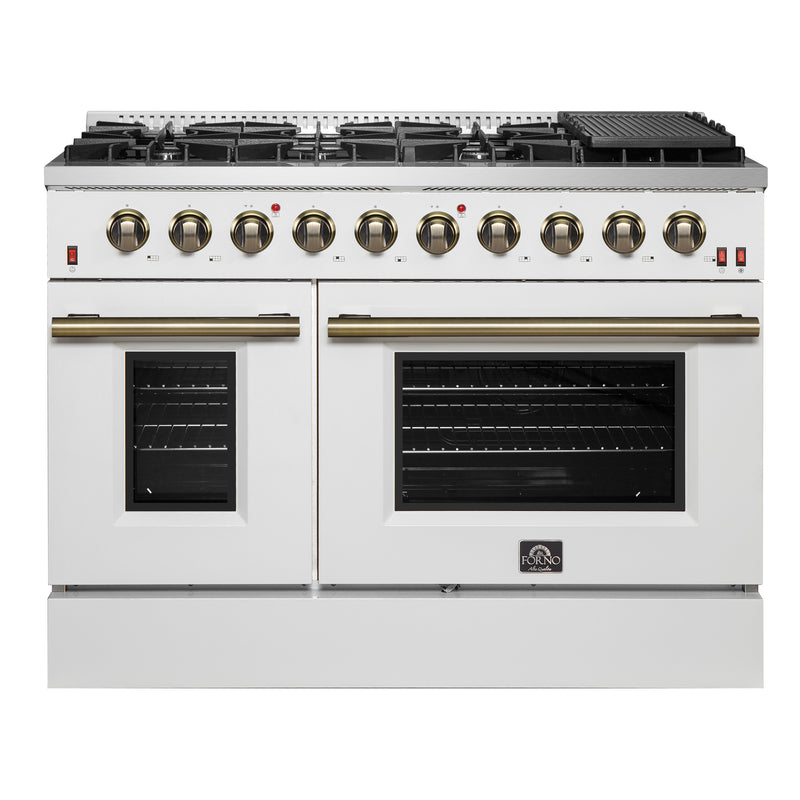 Load image into Gallery viewer, FORNO Galiano 48-inch Gas Range White & Antique Brass Design, 8 Burners, 107,000 BTU, Griddle, 6.58 cu.ft. Double Ovens