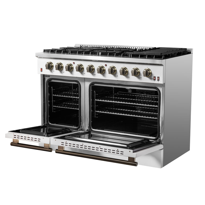 Load image into Gallery viewer, FORNO Galiano 48-inch Gas Range White & Antique Brass Design, 8 Burners, 107,000 BTU, Griddle, 6.58 cu.ft. Double Ovens