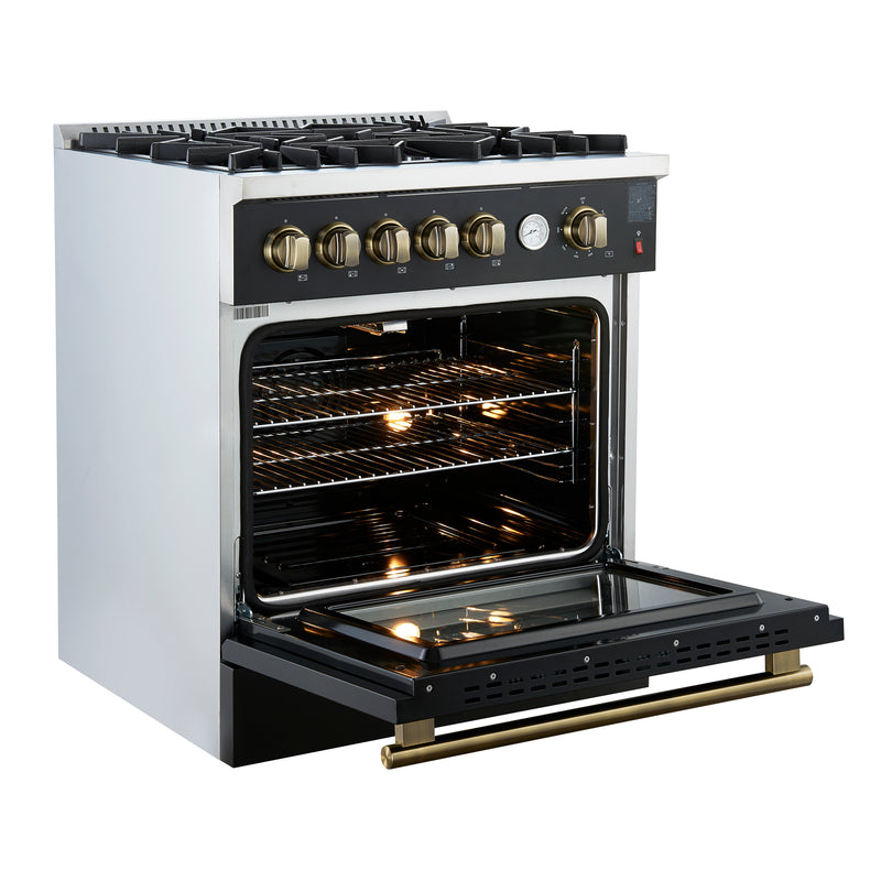 Load image into Gallery viewer, Giovanni 30-inch Gas Range Black & Antique Brass Design, 5 Burners 67,000 BTU, 4.32 cu.ft. Convection Oven
