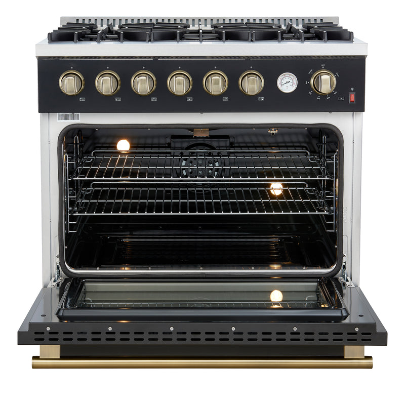 Load image into Gallery viewer, Marco 36-Inch Gas Range Black & Antique Brass Design, 6 Burners 67,000 BTU, 5.36 cu.ft. Convection Oven
