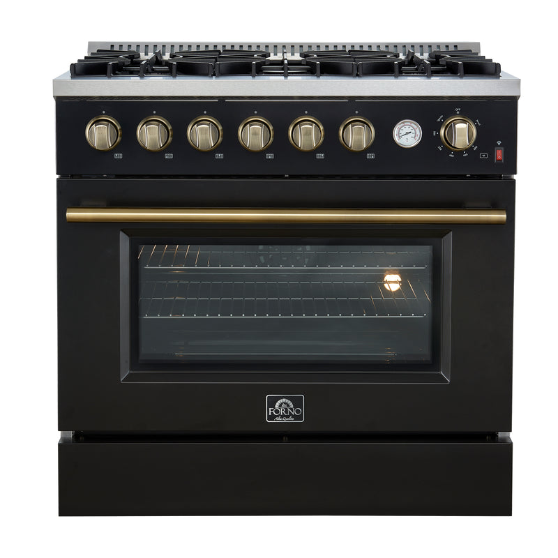Load image into Gallery viewer, Marco 36-Inch Gas Range Black & Antique Brass Design, 6 Burners 67,000 BTU, 5.36 cu.ft. Convection Oven