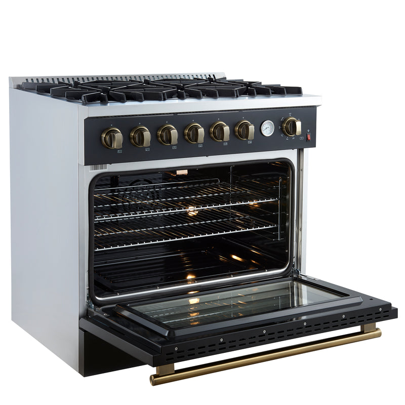 Load image into Gallery viewer, Marco 36-Inch Gas Range Black & Antique Brass Design, 6 Burners 67,000 BTU, 5.36 cu.ft. Convection Oven