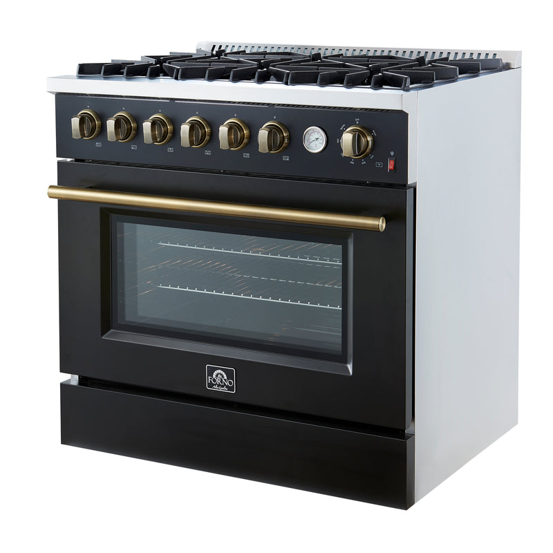 Load image into Gallery viewer, Marco 36-Inch Gas Range Black & Antique Brass Design, 6 Burners 67,000 BTU, 5.36 cu.ft. Convection Oven