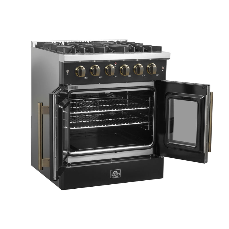 Load image into Gallery viewer, Forno Galiano 30-inch French Door Gas Range Black and Antique Brass Design, 5 Sealed Burners 68,000 BTU, 4.32 cu.ft. Convection Oven