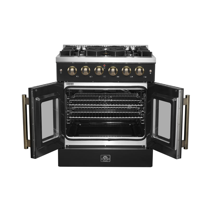 Load image into Gallery viewer, Forno Galiano 30-inch French Door Gas Range Black and Antique Brass Design, 5 Sealed Burners 68,000 BTU, 4.32 cu.ft. Convection Oven