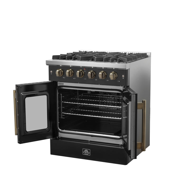 Load image into Gallery viewer, Forno Galiano 30-inch French Door Gas Range Black and Antique Brass Design, 5 Sealed Burners 68,000 BTU, 4.32 cu.ft. Convection Oven