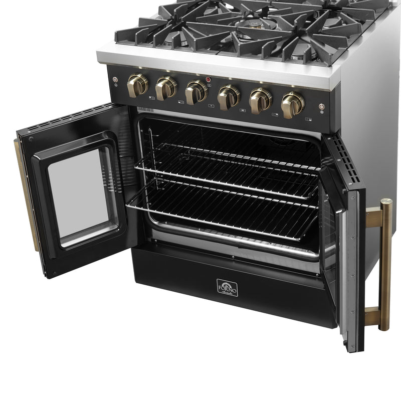 Load image into Gallery viewer, Forno Galiano 30-inch French Door Gas Range Black and Antique Brass Design, 5 Sealed Burners 68,000 BTU, 4.32 cu.ft. Convection Oven