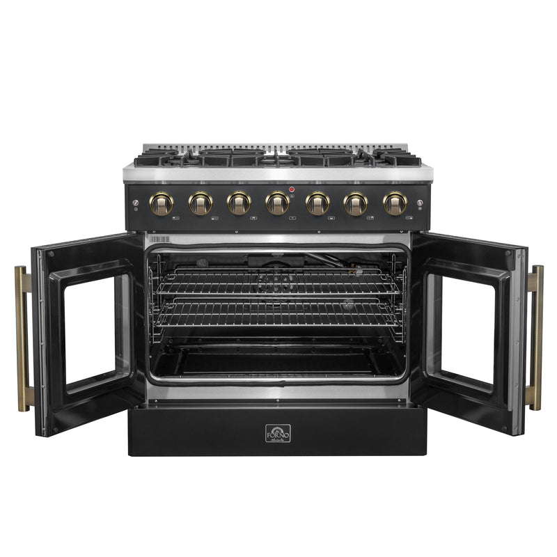 Load image into Gallery viewer, Forno Galiano 36-inch French Door Gas Range Black and Antique Brass Design, 6 Sealed Burners 83,000 BTU, 5.36 cu.ft. Convection Oven
